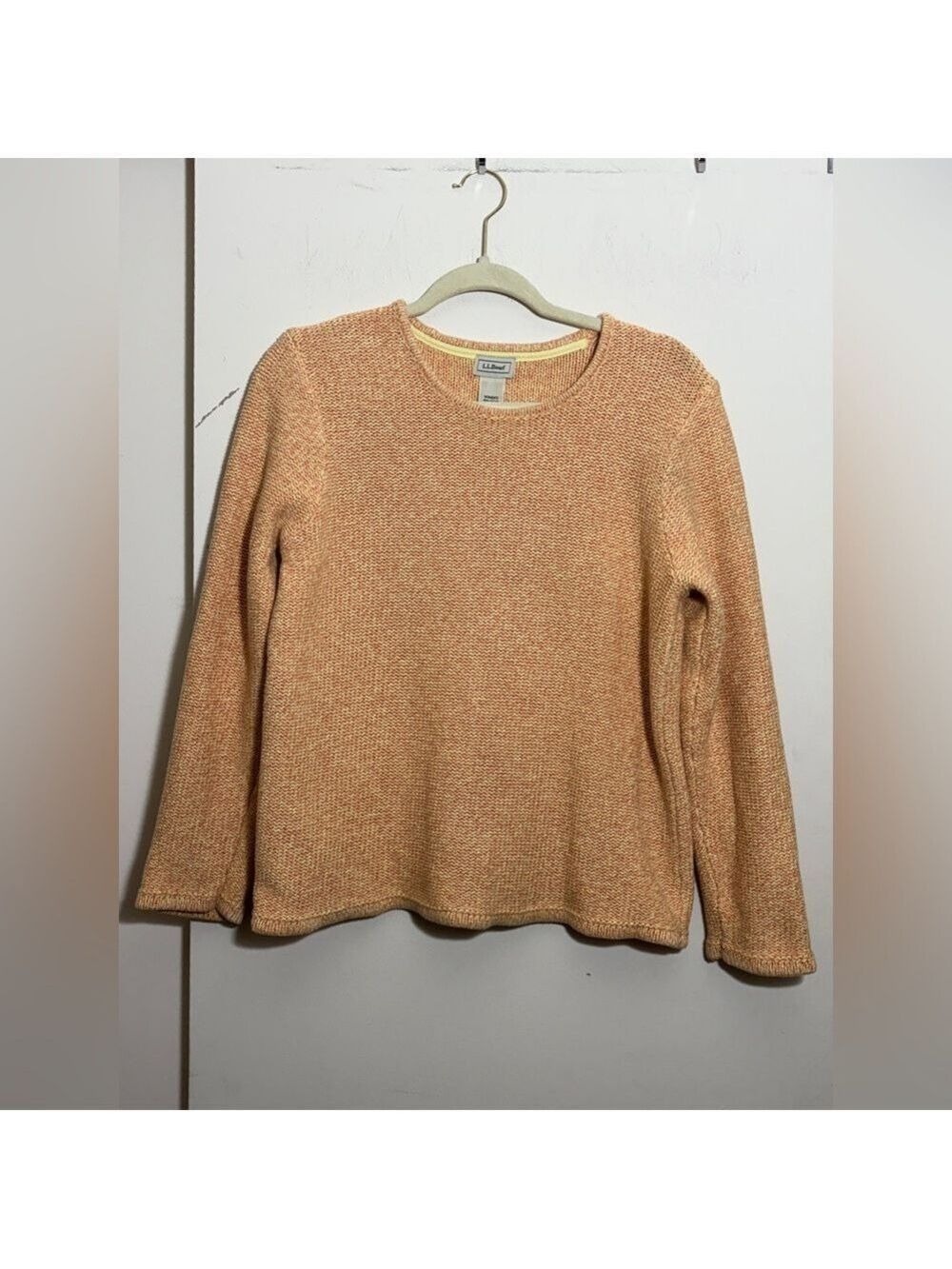 L.L. Bean Crewneck Sweater Orange Marled Cottage Chunky Knit Purl Stitch Size M